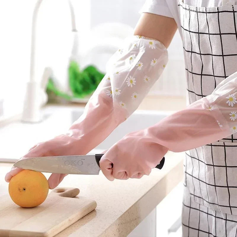 1 Pair Rubber Gloves Long Sleeve Reusable Dishwashing Gloves Kitchen Oven Pet Cleaning Gloves Kitchen Accessories