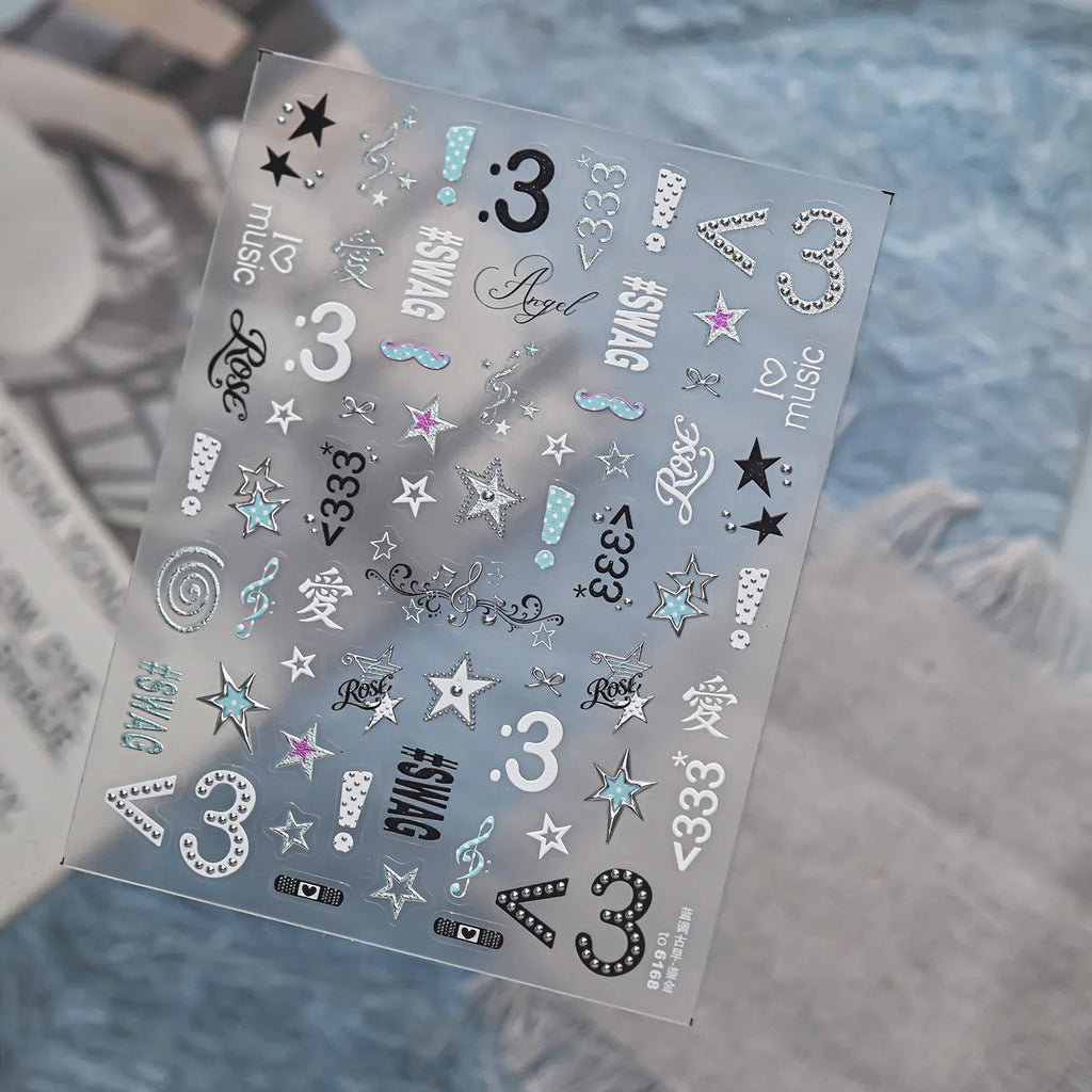 Metal Y2K Millennium Spicy Girl Nail Stickers Blues Vintage Blue Mark Silver Edge Musical Note Star Number Nail Accessories DIY