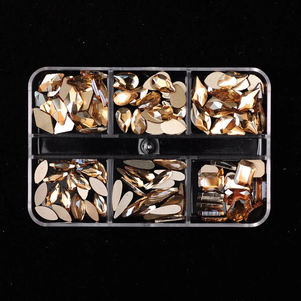 6 Grids 120pcs Mixed Shapes Golden Shadow Nail Rhinestones Nail Charms Accessories Flat Back 3D DIY Nails Art Decoration