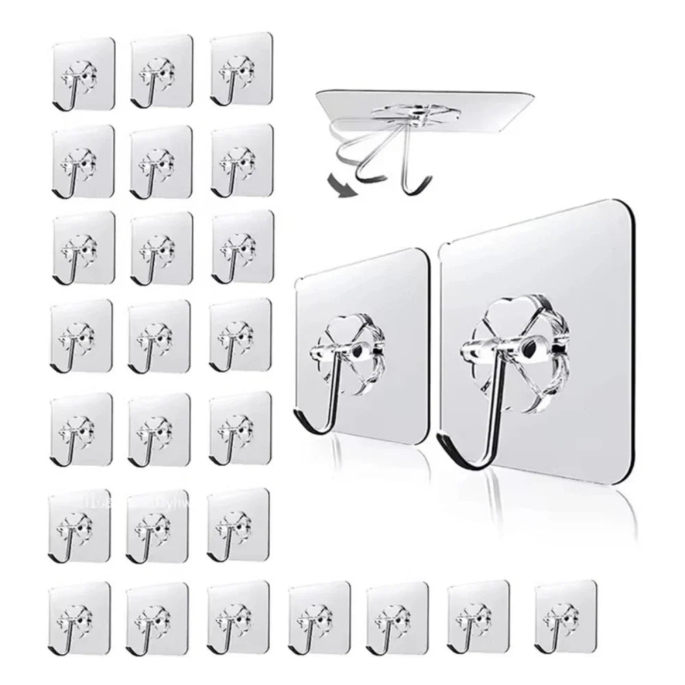 10/20/30Pcs Heavy‑Duty Self‑Adhesive Wall Hooks Punch‑Free No‑Drill Sticky Hooks Waterproof Oilproof Damage‑Free Hanger Storage