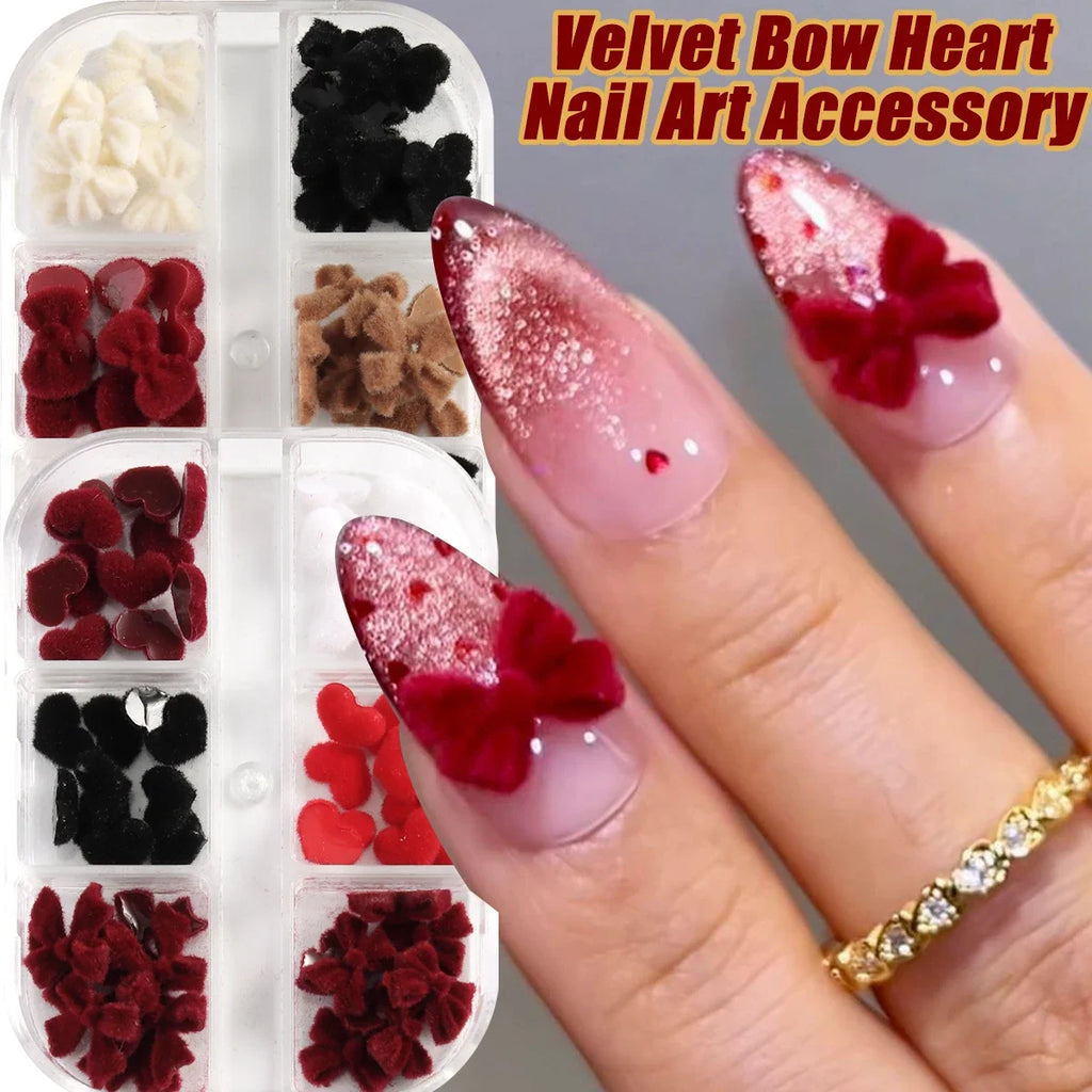 Valentine's Velvet Winter Wine Red Black Flocking Bow Design Nail Accessories DIY Bow Tie Heart Shape Nail Art Supplies Nail Art