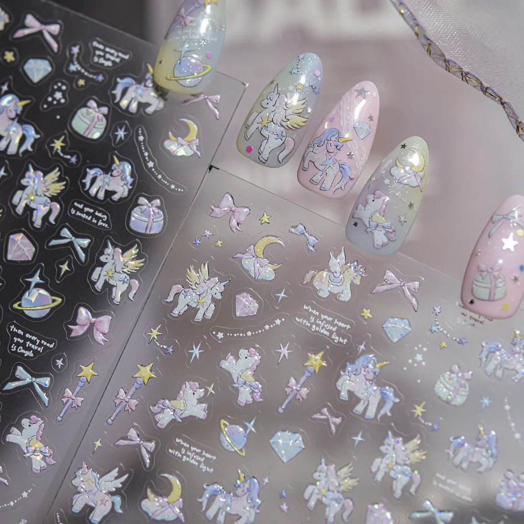 5D Fantasy Y2K Nail Decals Laser Holographic Unicorn Star Moon Gem Diamond Gift Box Self-adhesive Nail Art Sticker Fantasy Girl