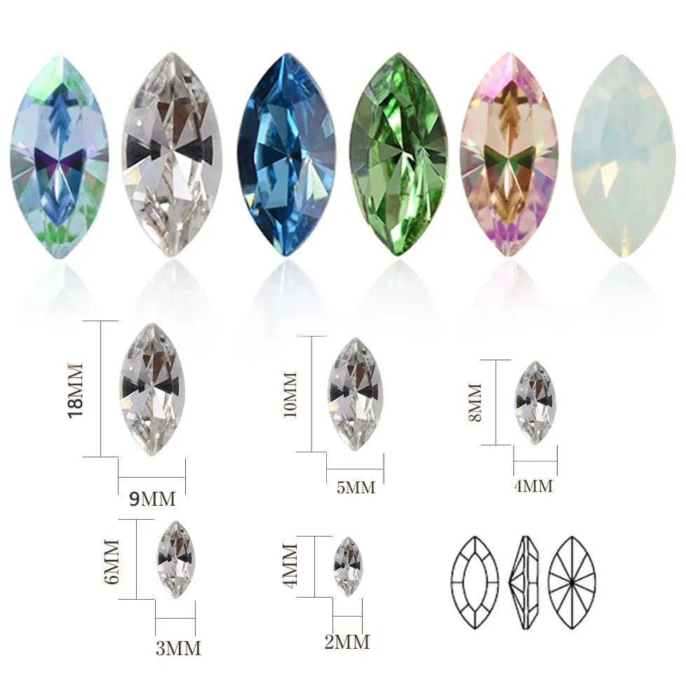 New 5A Colorful Navette 10pcs Glass DIY Nail Art Charms Accessories Rhinestones Horse Eyes Pointback Loose Jewels Beads Stones