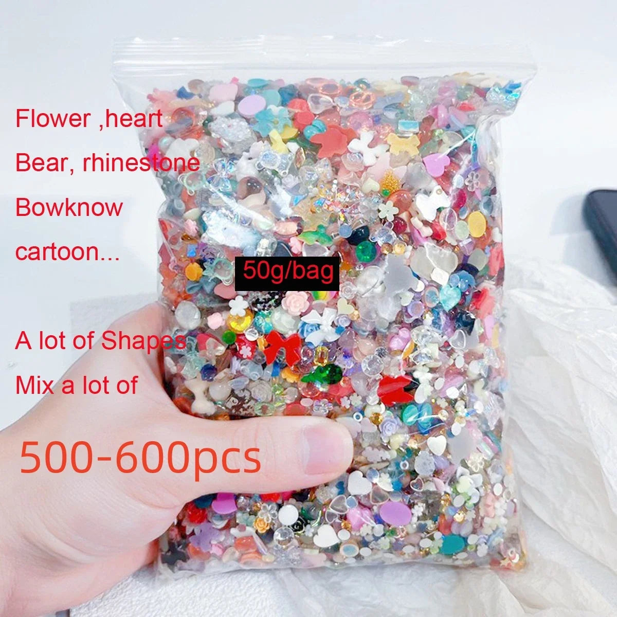 50g 3D Random Mixed Resin Bow/Diamond Nail Art Charms Cartoon Shapes Heart/Flower/Ribbon Rhinestone Cute DIY Manicure Accessory