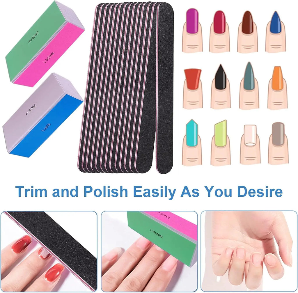 12Pcs Professional Nail File and Buffer Set 10pcs 100/180 Grit Emery Boards 2pcs 4 Way Buffing Blocks Manicure Nail Care Tools