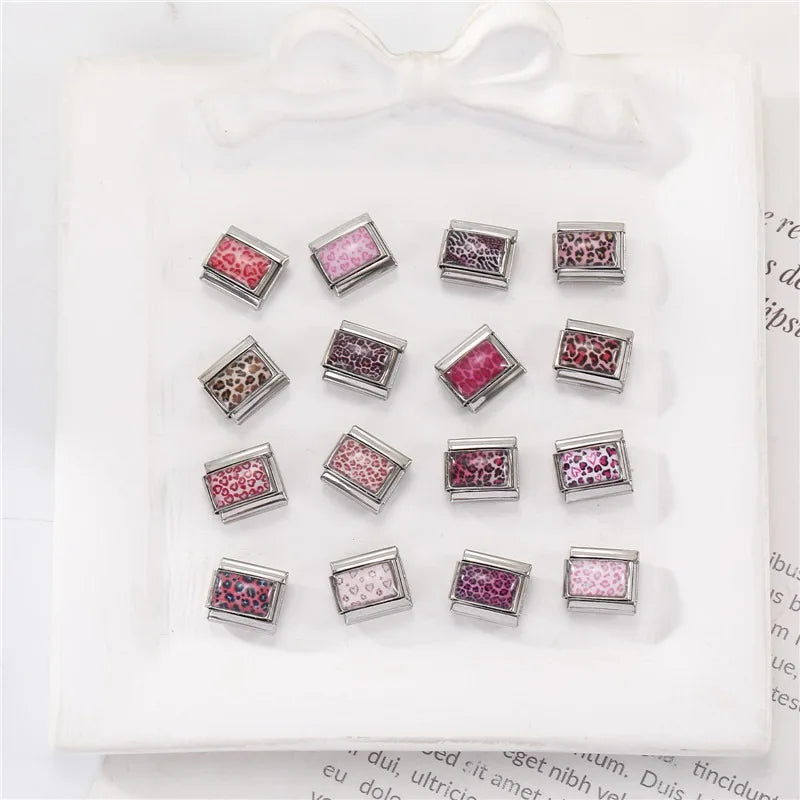Wholesale Women Fashion Gold Leaf Pink Leopard Print Italian Charm Fit 9mm Stainless Steel Bracelet Drop Shipping Gifts Jewelrys