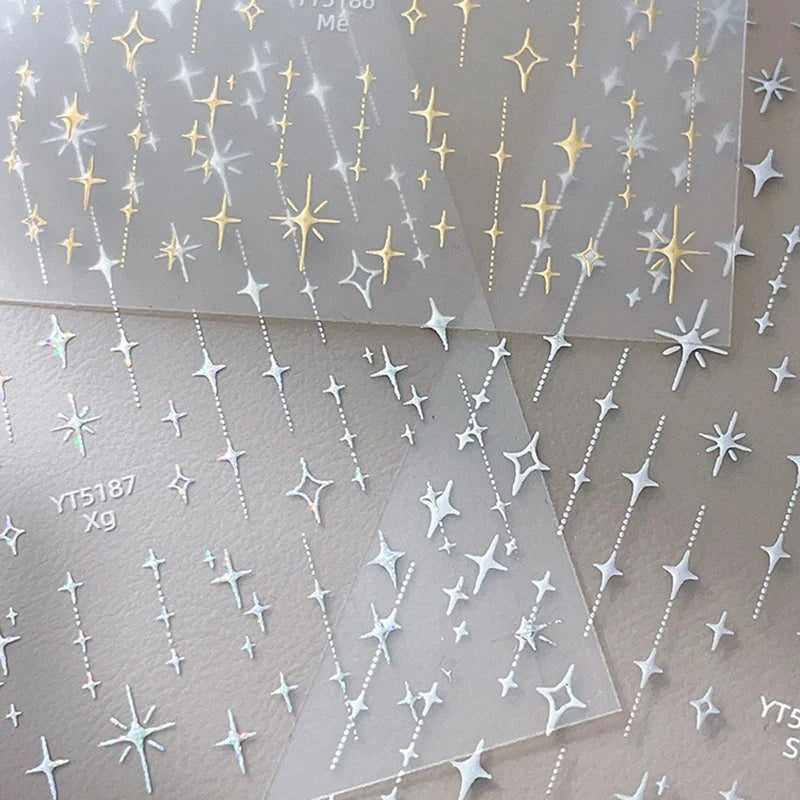 Gold Silver Stamped Starlight Laser Glitter Star Bronzing Rhinestones Relief Nail Art Decorations Stickers Manicure Decals