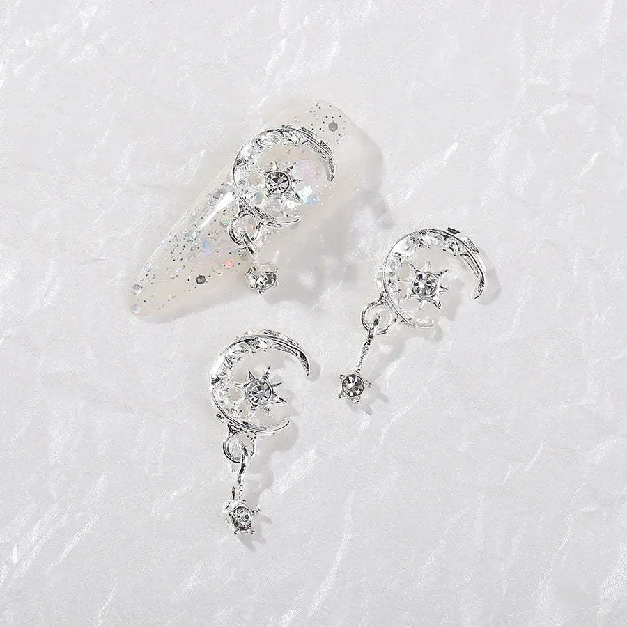 10Pcs New Moon Star Pendant Nail Art Charm 3D Metal Shiny Love Zircon Moon Tassels Nail Pendant DIY Nail Diamond Accessories