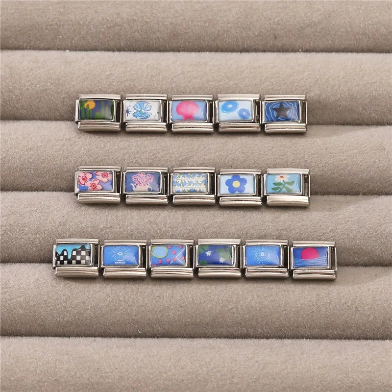 2025 Design Blue Series Black Cats Rabbit Eye Flower Sun Italian Charm Links Stainless Steel Fit 9mm Bracelet Jewelry DIY Making